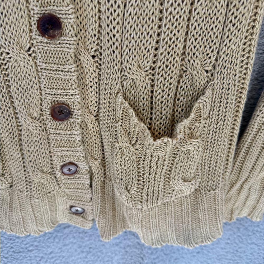 Ralph Lauren Women's Beige Cable Knit linen and suede equestrian Cardigan - Picture 7 of 9